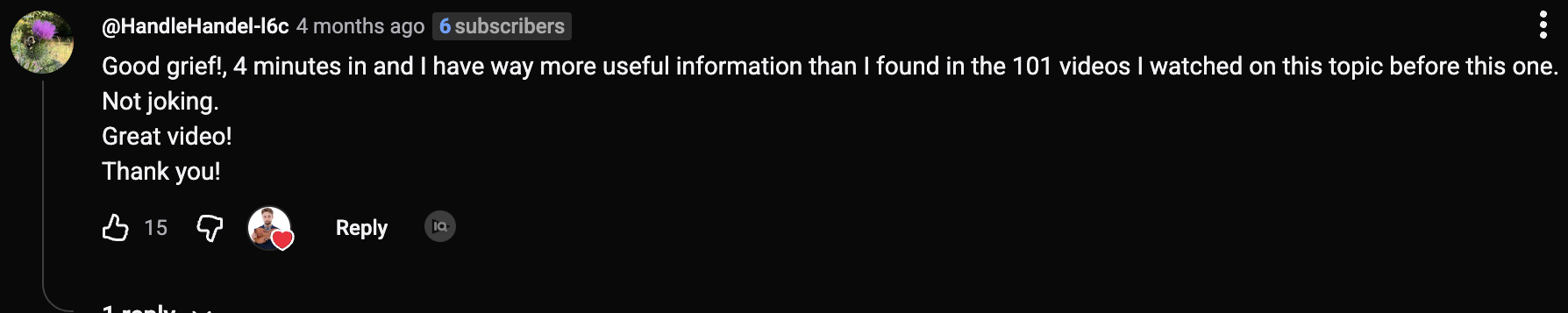 YouTube comment: four minutes in and I have way more useful information than I found in the 101 videos I watched on this topic