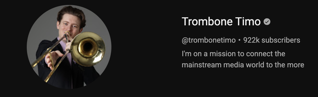 Trombone Timo on YouTube, verified, 922k subscribers